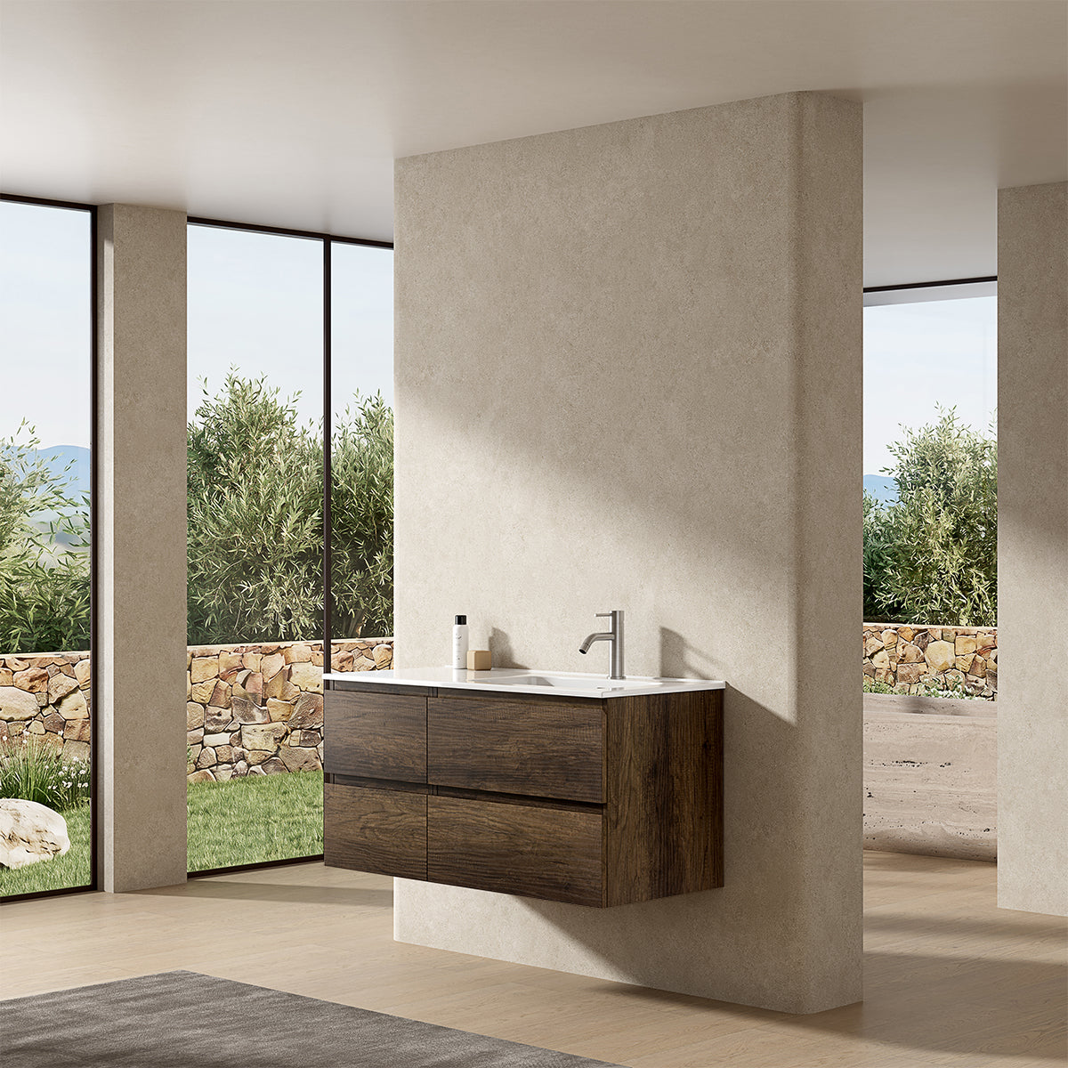 Mobile bagno sospeso 100 cm Bruno Scuro Lavabo a Destra in Ceramica Senza Specchio - Fiji Wood