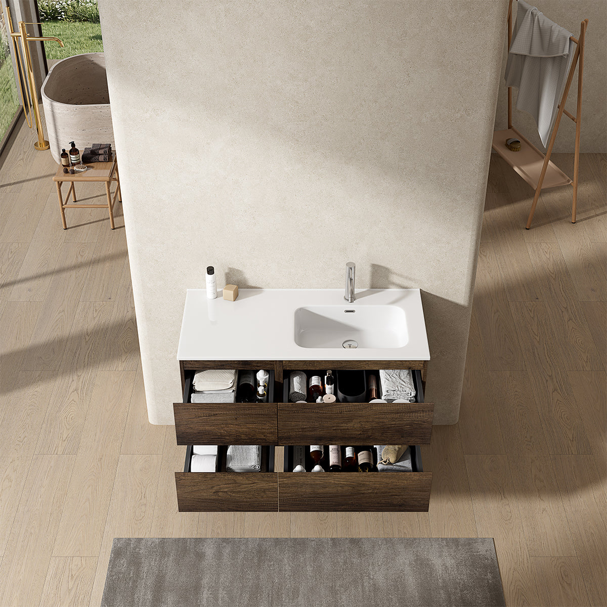 Mobile bagno sospeso 100 cm Bruno Scuro Lavabo a Destra in Ceramica Senza Specchio - Fiji Wood