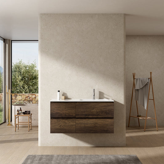 Mobile bagno sospeso 100 cm Bruno Scuro Lavabo a Destra in Ceramica Senza Specchio - Fiji Wood