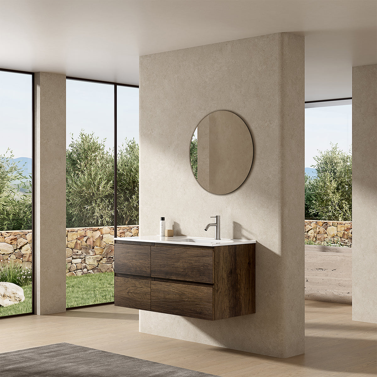 Mobile bagno sospeso 100 cm Bruno Scuro Lavabo a Destra in Ceramica Specchio Tondo - Fiji Wood
