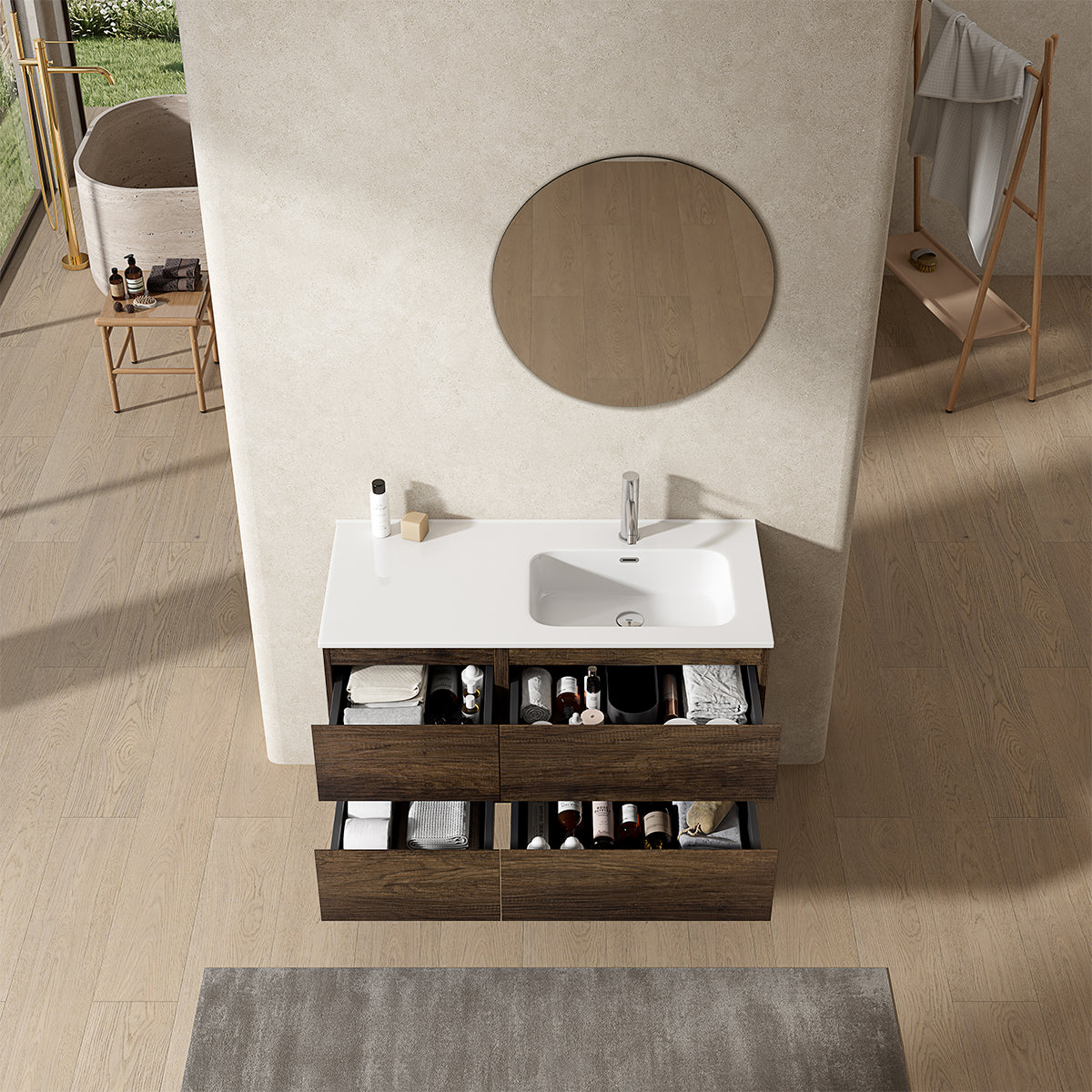 Mobile bagno sospeso 100 cm Bruno Scuro Lavabo a Destra in Ceramica Specchio Tondo - Fiji Wood