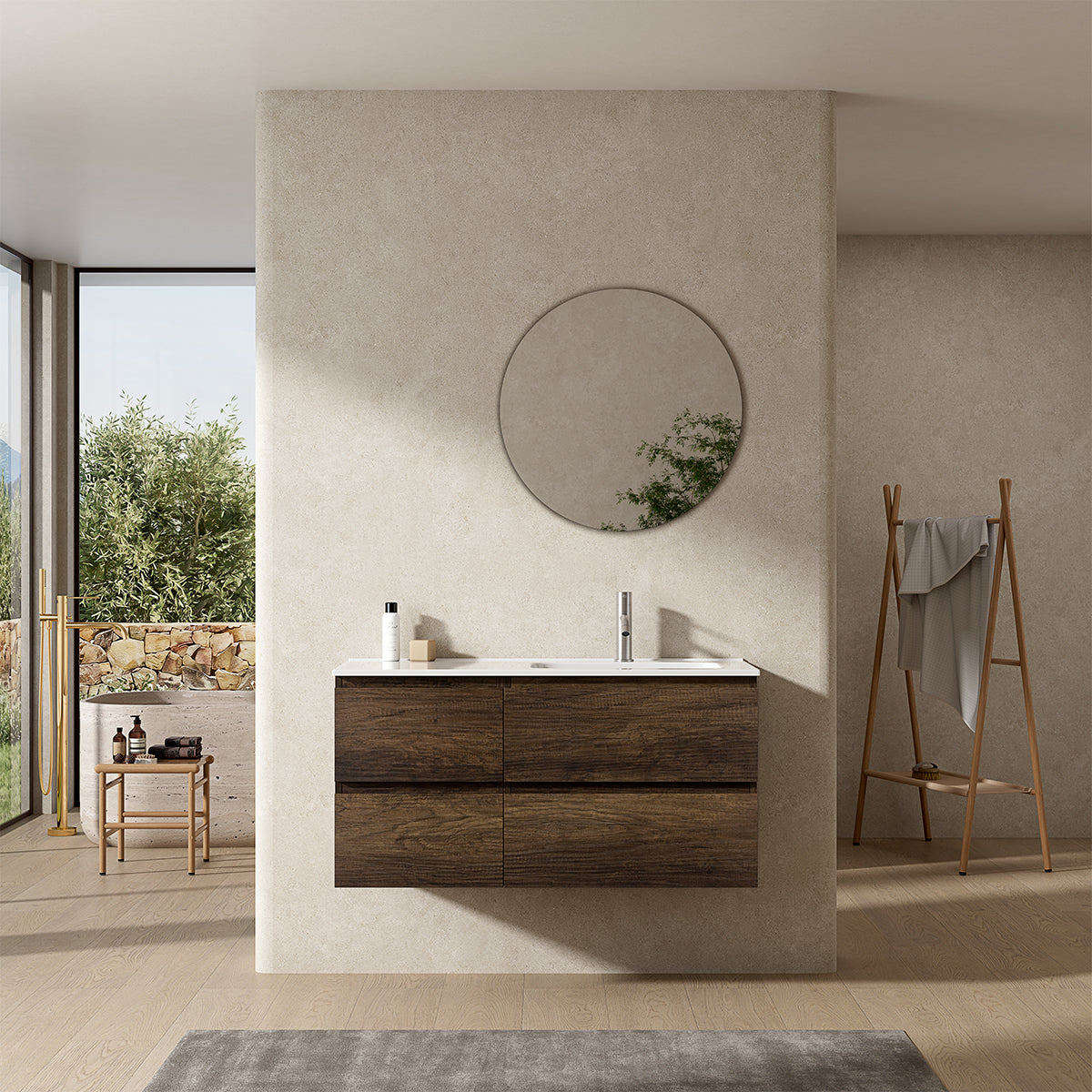 Mobile bagno sospeso 100 cm Bruno Scuro Lavabo a Destra in Ceramica Specchio Tondo - Fiji Wood