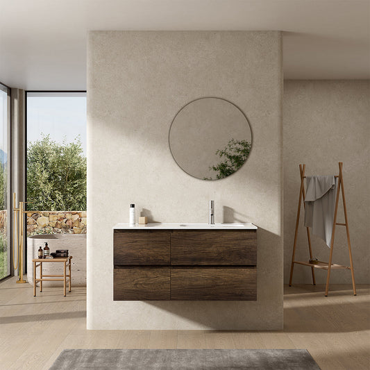 Mobile bagno sospeso 100 cm Bruno Scuro Lavabo a Destra in Ceramica Specchio Tondo - Fiji Wood