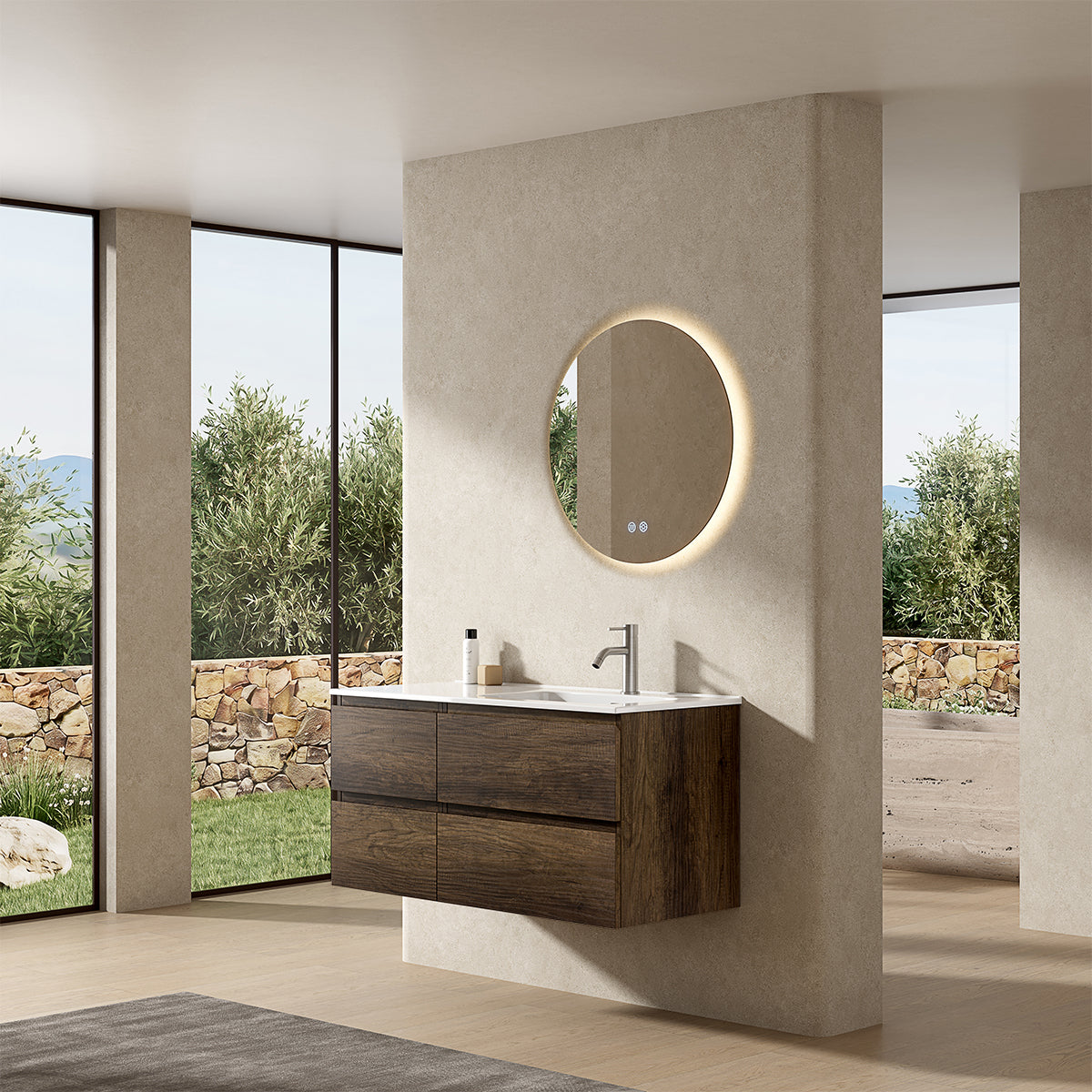 Mobile bagno sospeso 100 cm Bruno Scuro Lavabo a Destra in Ceramica Specchio Tondo Retroilluminato - Fiji Wood