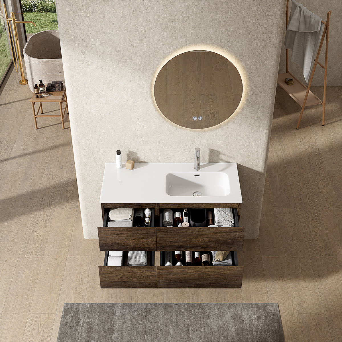 Mobile bagno sospeso 100 cm Bruno Scuro Lavabo a Destra in Ceramica Specchio Tondo Retroilluminato - Fiji Wood