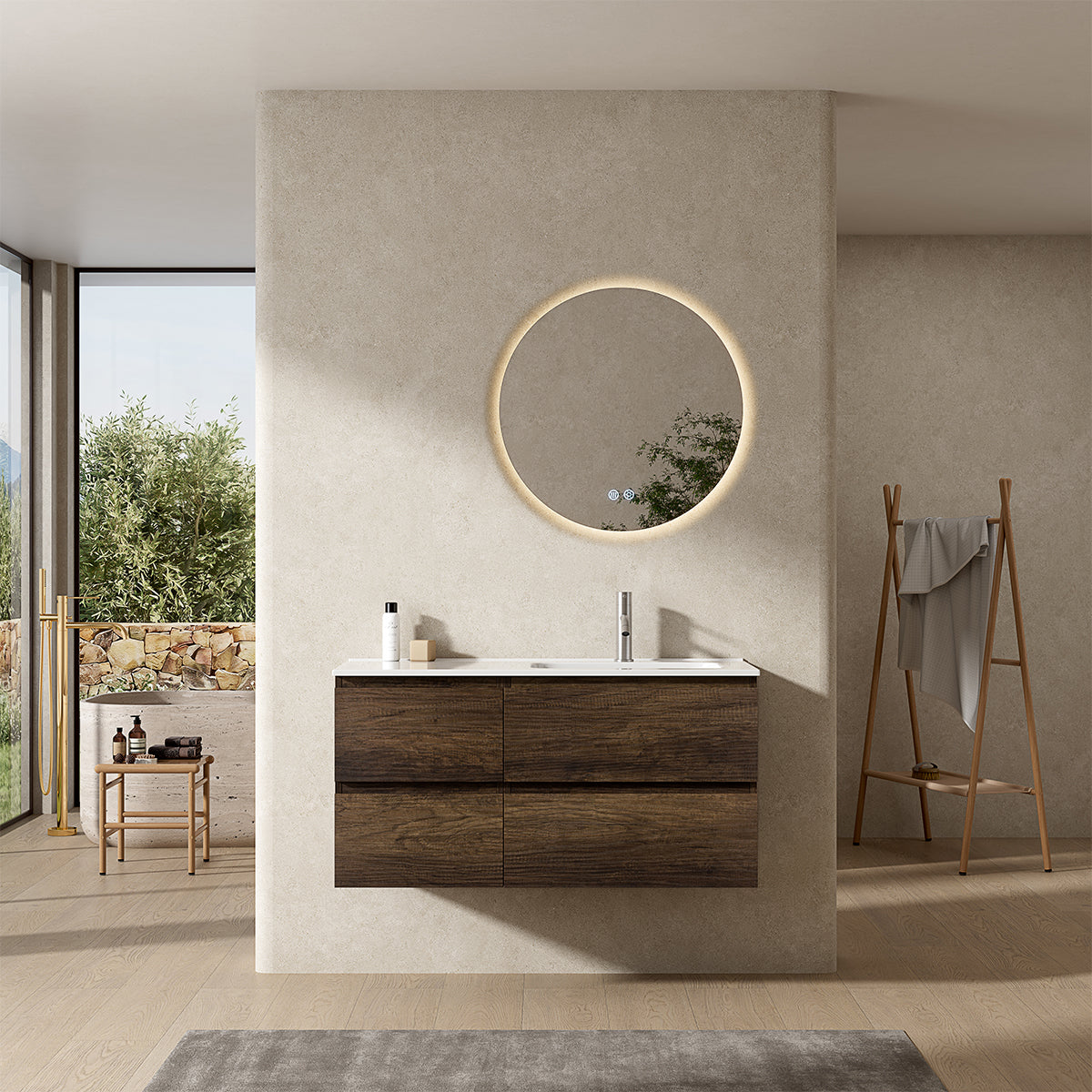 Mobile bagno sospeso 100 cm Bruno Scuro Lavabo a Destra in Ceramica Specchio Tondo Retroilluminato - Fiji Wood