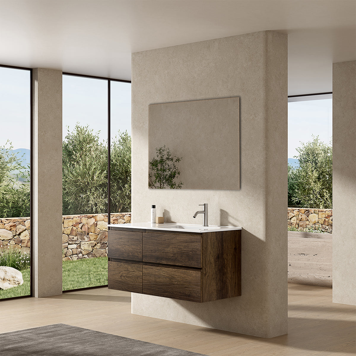 Mobile bagno sospeso 100 cm Bruno Scuro Lavabo a Destra in Ceramica Specchio Quadro - Fiji Wood