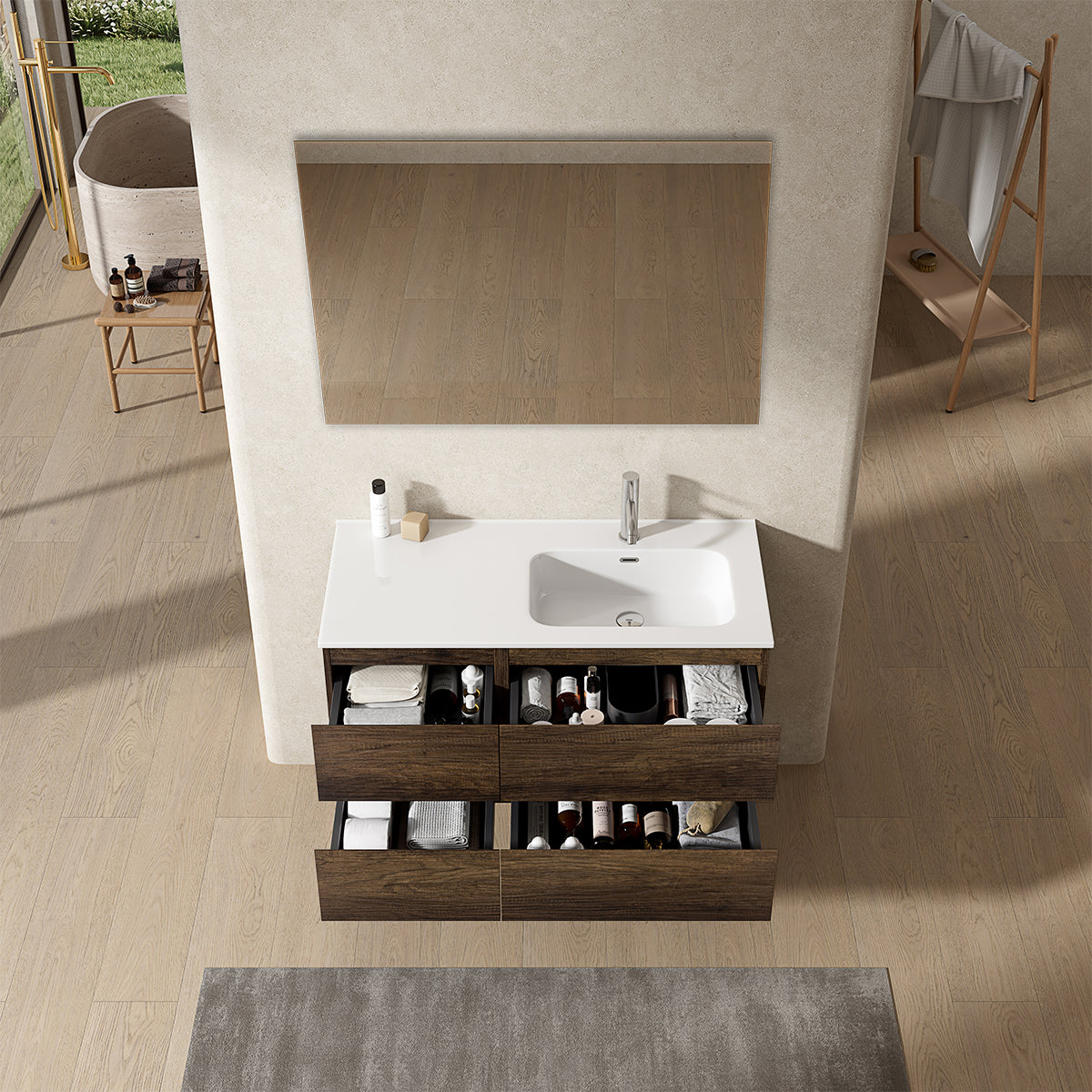 Mobile bagno sospeso 100 cm Bruno Scuro Lavabo a Destra in Ceramica Specchio Quadro - Fiji Wood
