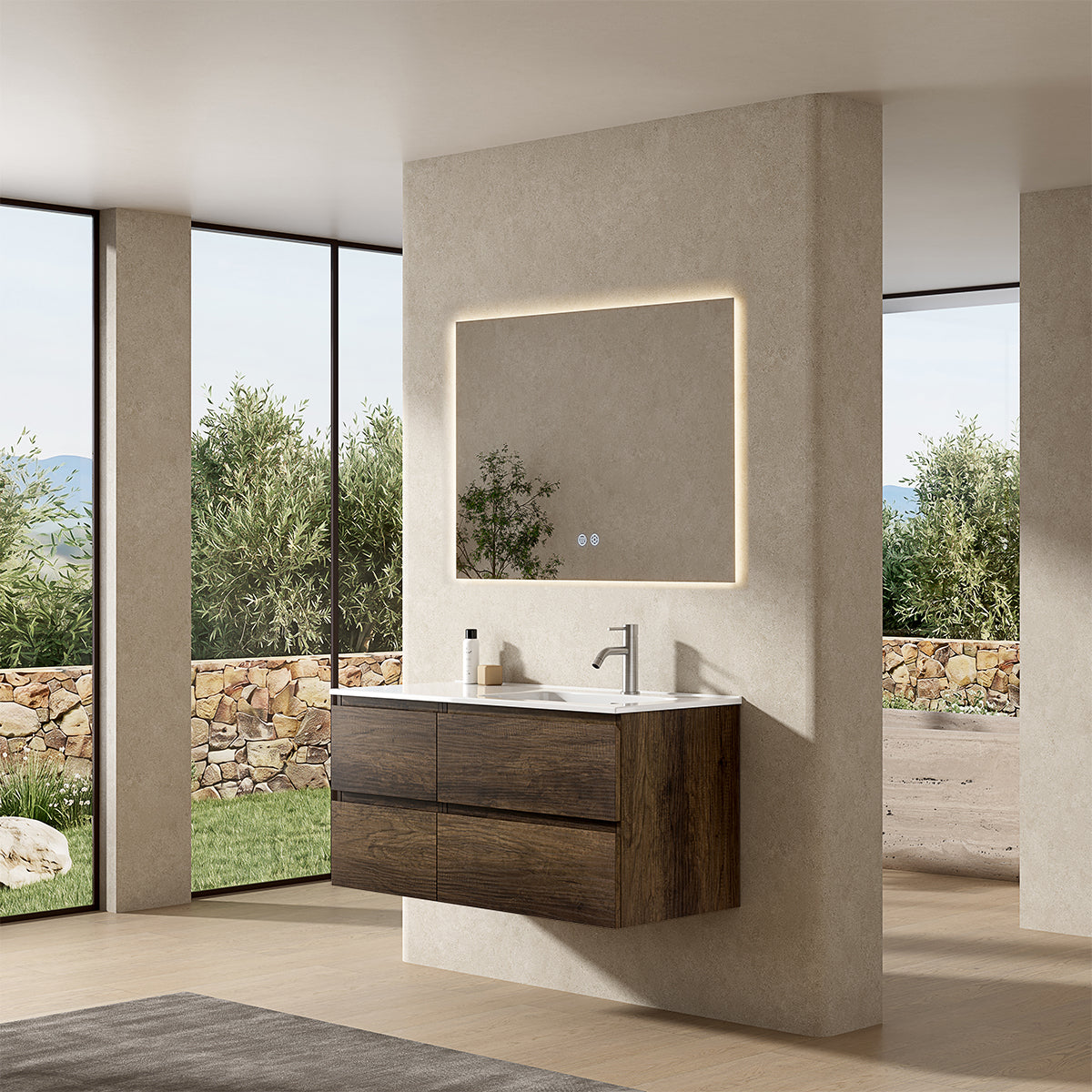 Mobile bagno sospeso 100 cm Bruno Scuro Lavabo a Destra in Ceramica Specchio Quadro Retroilluminato - Fiji Wood