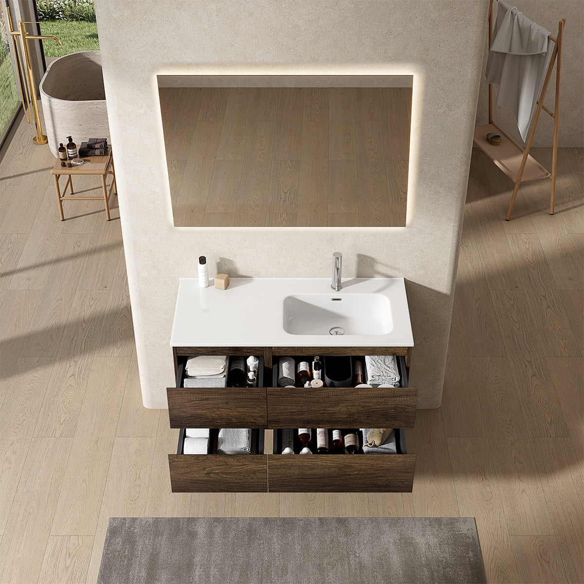 Mobile bagno sospeso 100 cm Bruno Scuro Lavabo a Destra in Ceramica Specchio Quadro Retroilluminato - Fiji Wood