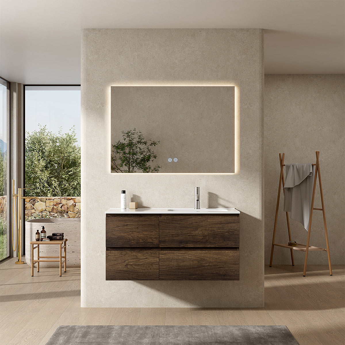 Mobile bagno sospeso 100 cm Bruno Scuro Lavabo a Destra in Ceramica Specchio Quadro Retroilluminato - Fiji Wood