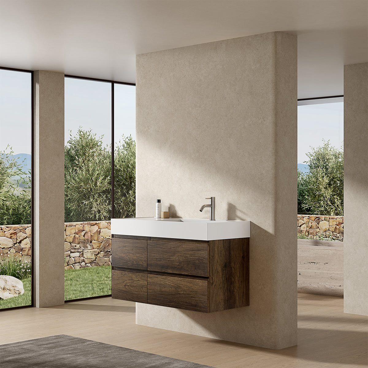Mobile bagno sospeso 100 cm Bruno Scuro Lavabo a Destra in Resina Senza Specchio - Fiji Wood