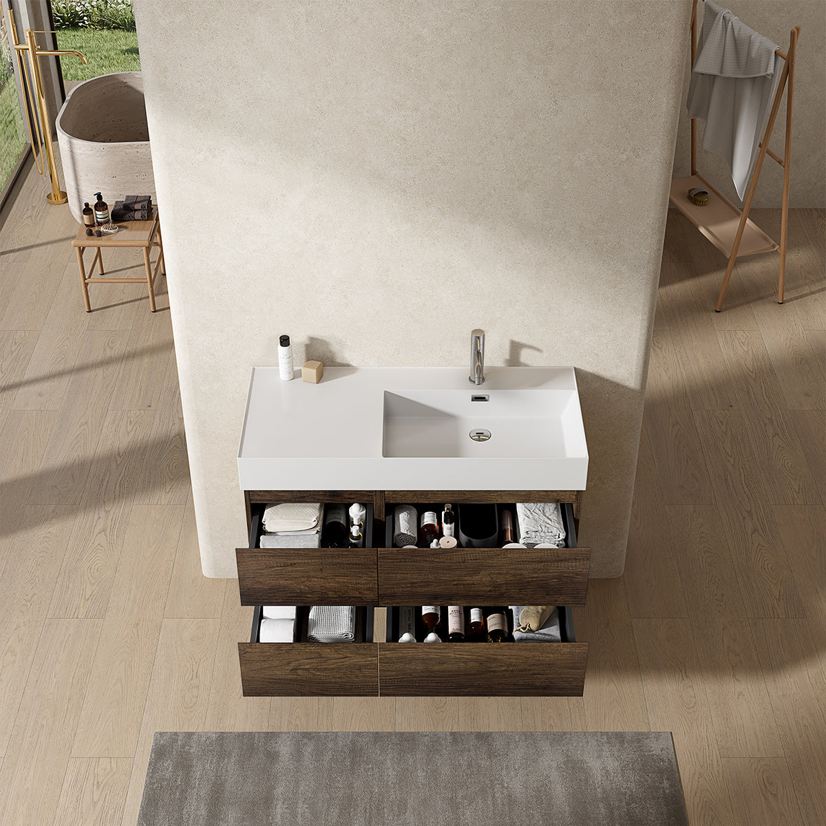 Mobile bagno sospeso 100 cm Bruno Scuro Lavabo a Destra in Resina Senza Specchio - Fiji Wood