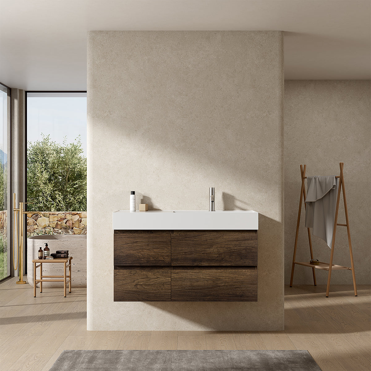 Mobile bagno sospeso 100 cm Bruno Scuro Lavabo a Destra in Resina Senza Specchio - Fiji Wood