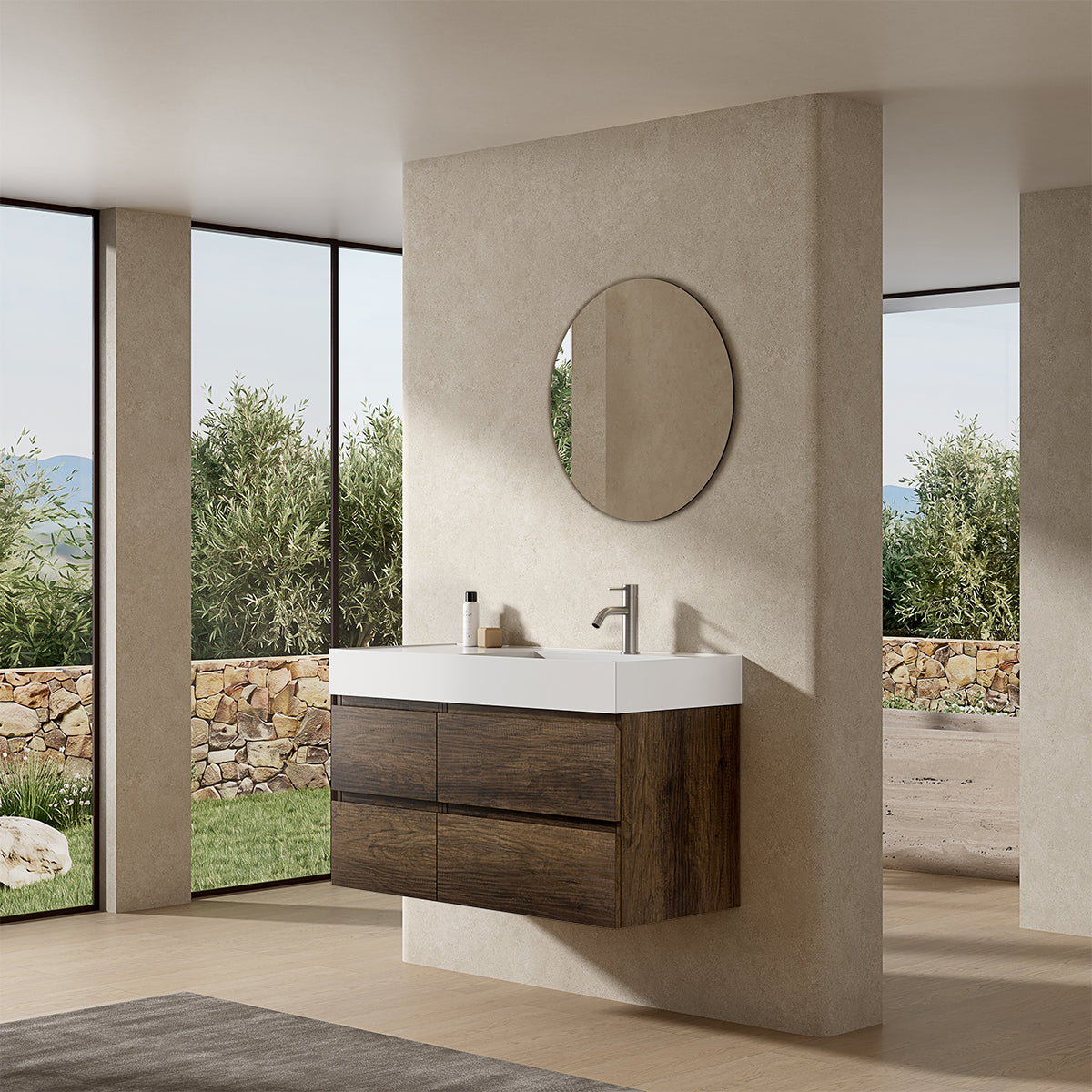 Mobile bagno sospeso 100 cm Bruno Scuro Lavabo a Destra in Resina Specchio Tondo - Fiji Wood