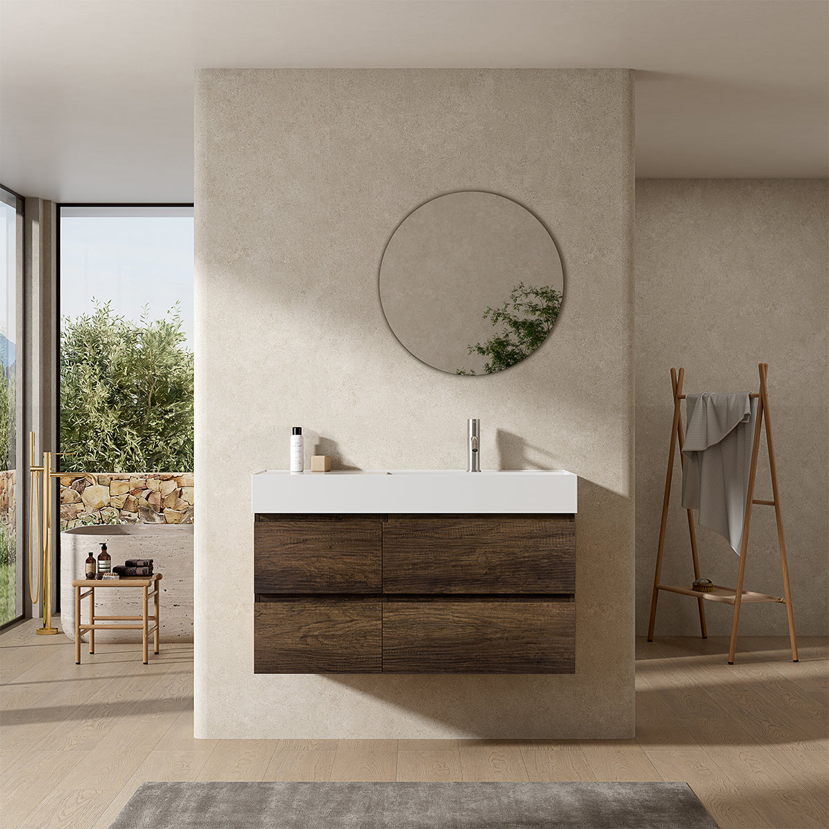 Mobile bagno sospeso 100 cm Bruno Scuro Lavabo a Destra in Resina Specchio Tondo - Fiji Wood