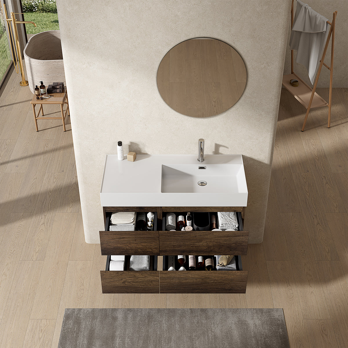 Mobile bagno sospeso 100 cm Bruno Scuro Lavabo a Destra in Resina Specchio Tondo - Fiji Wood