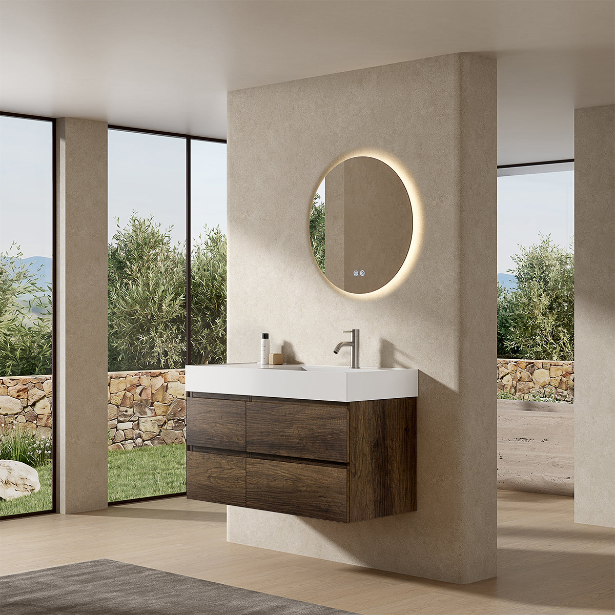 Mobile bagno sospeso 100 cm Bruno Scuro Lavabo a Destra in Resina Specchio Tondo Retroilluminato - Fiji Wood