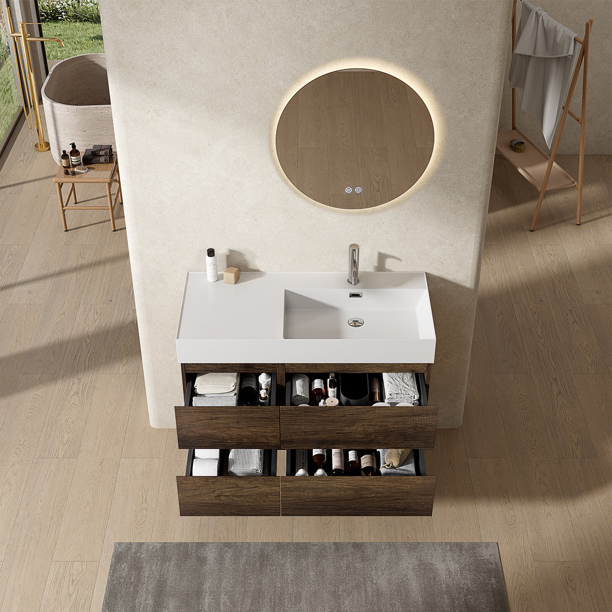 Mobile bagno sospeso 100 cm Bruno Scuro Lavabo a Destra in Resina Specchio Tondo Retroilluminato - Fiji Wood