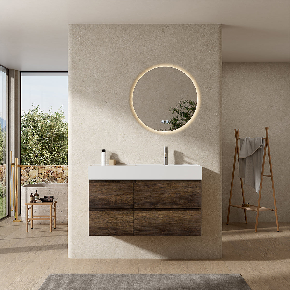 Mobile bagno sospeso 100 cm Bruno Scuro Lavabo a Destra in Resina Specchio Tondo Retroilluminato - Fiji Wood