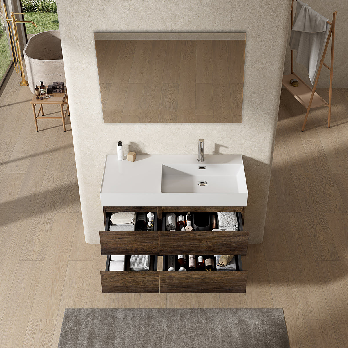 Mobile bagno sospeso 100 cm Bruno Scuro Lavabo a Destra in Resina Specchio Quadro - Fiji Wood
