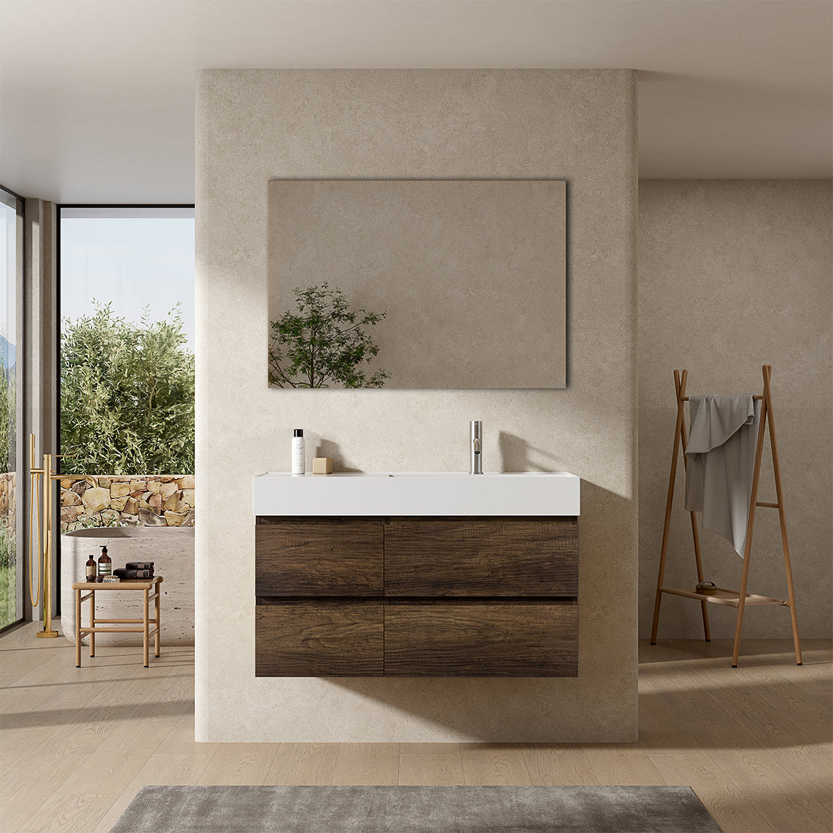 Mobile bagno sospeso 100 cm Bruno Scuro Lavabo a Destra in Resina Specchio Quadro - Fiji Wood