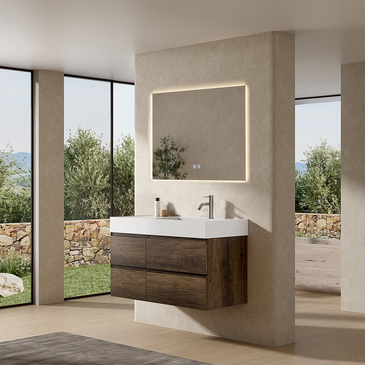 Mobile bagno sospeso 100 cm Bruno Scuro Lavabo a Destra in Resina Specchio Quadro Retroilluminato - Fiji Wood
