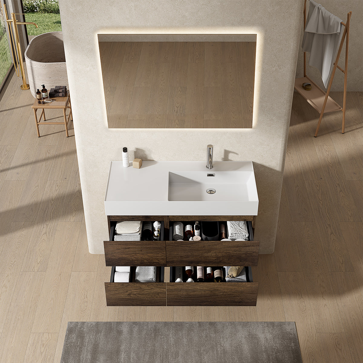 Mobile bagno sospeso 100 cm Bruno Scuro Lavabo a Destra in Resina Specchio Quadro Retroilluminato - Fiji Wood
