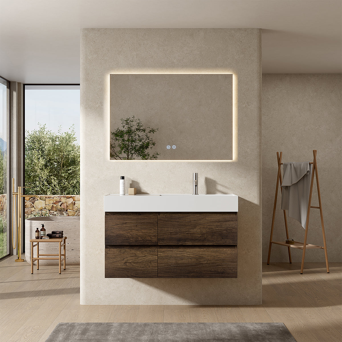 Mobile bagno sospeso 100 cm Bruno Scuro Lavabo a Destra in Resina Specchio Quadro Retroilluminato - Fiji Wood