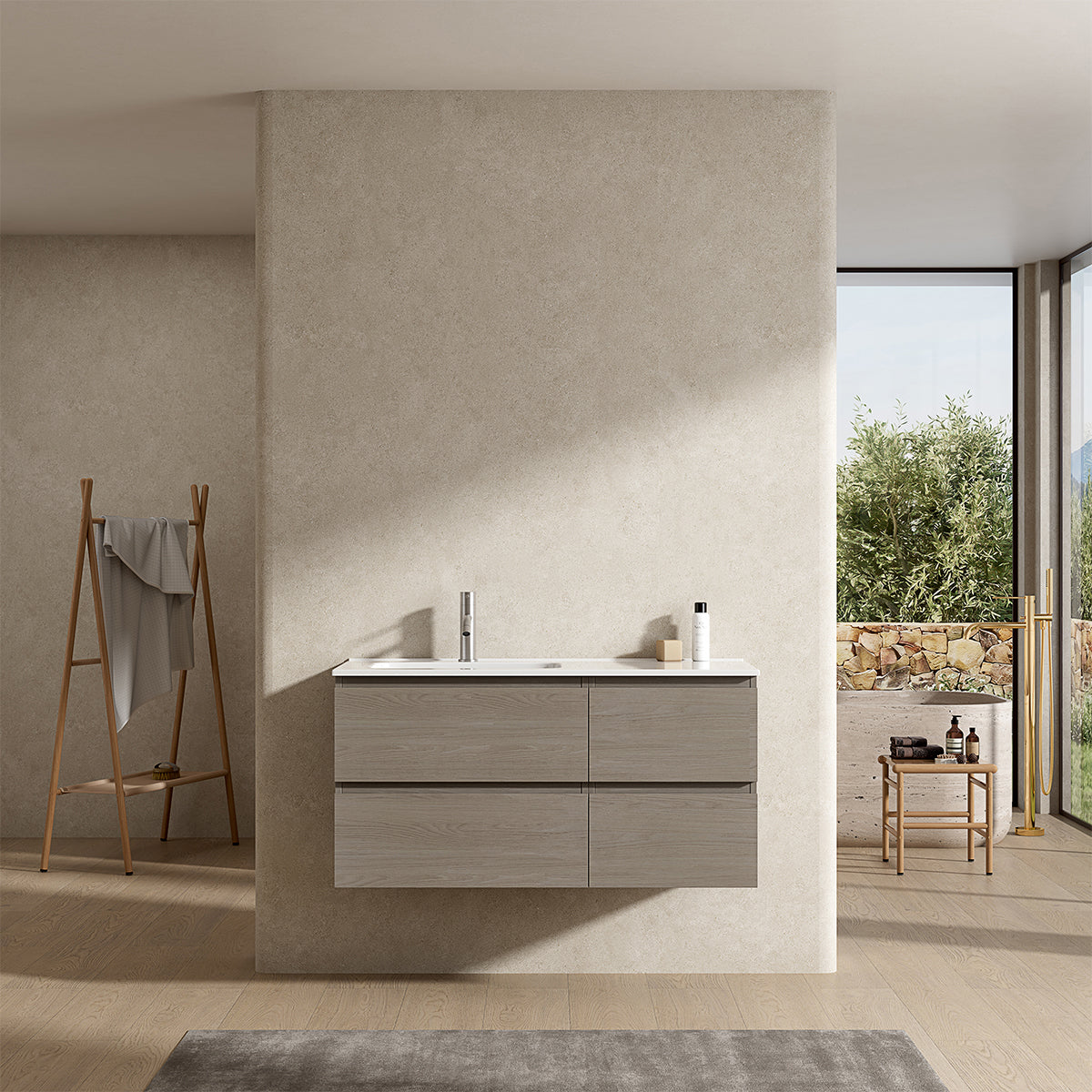 Mobile bagno sospeso 100 cm Beige Lavabo a Sinistra in Ceramica Senza Specchio - Fiji Wood