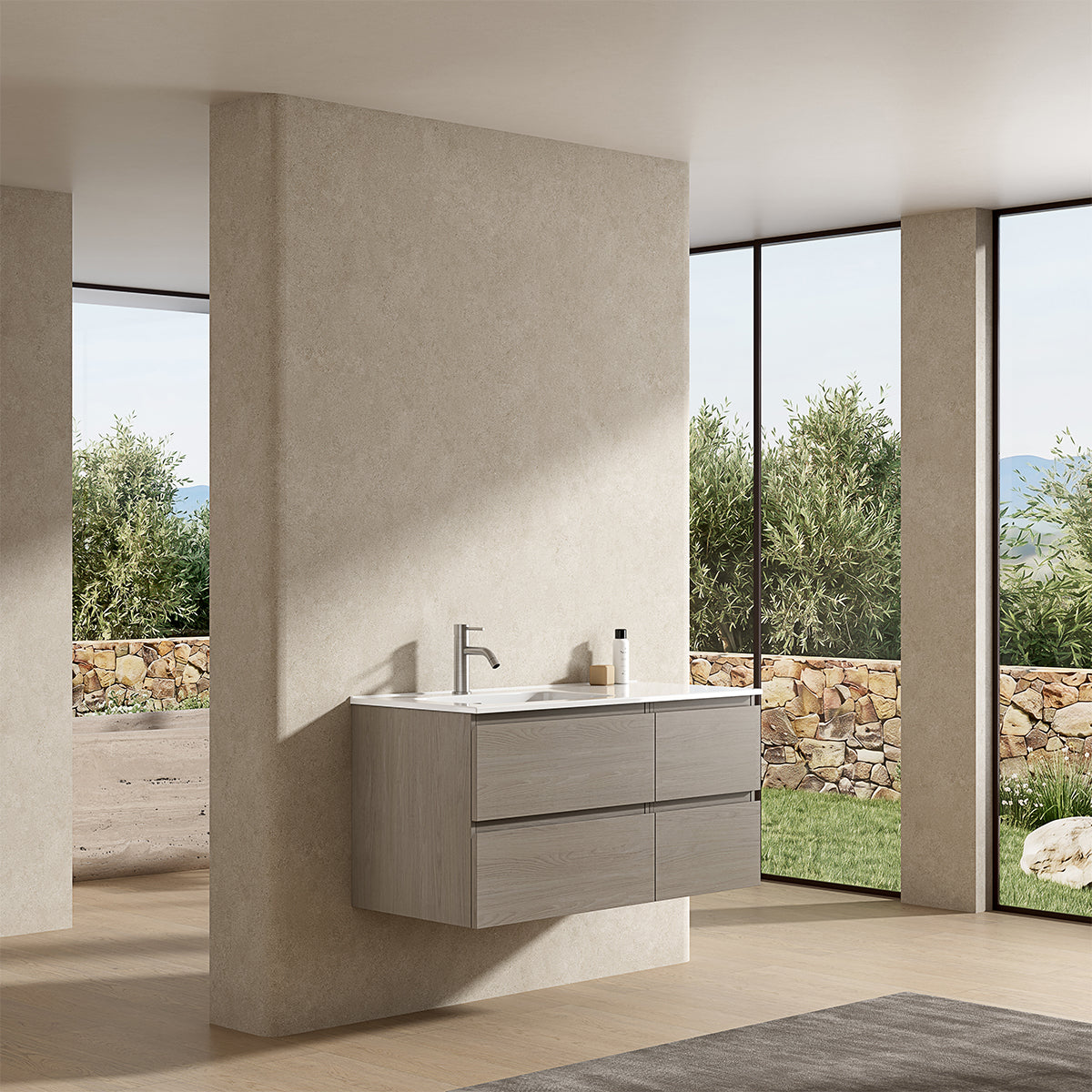 Mobile bagno sospeso 100 cm Beige Lavabo a Sinistra in Ceramica Senza Specchio - Fiji Wood