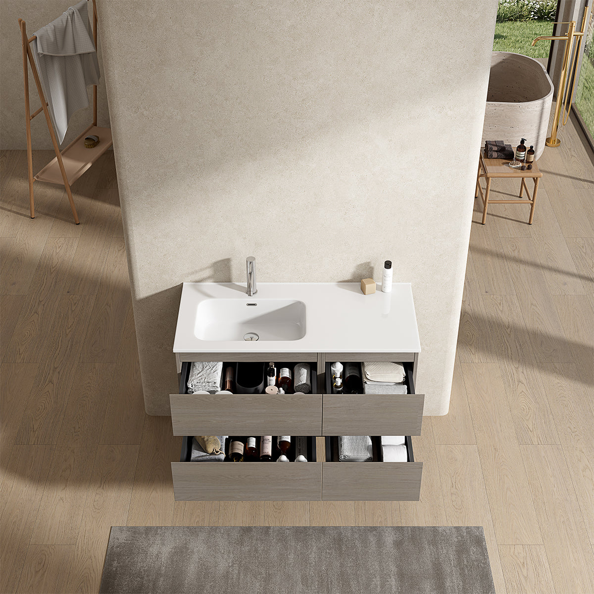 Mobile bagno sospeso 100 cm Beige Lavabo a Sinistra in Ceramica Senza Specchio - Fiji Wood