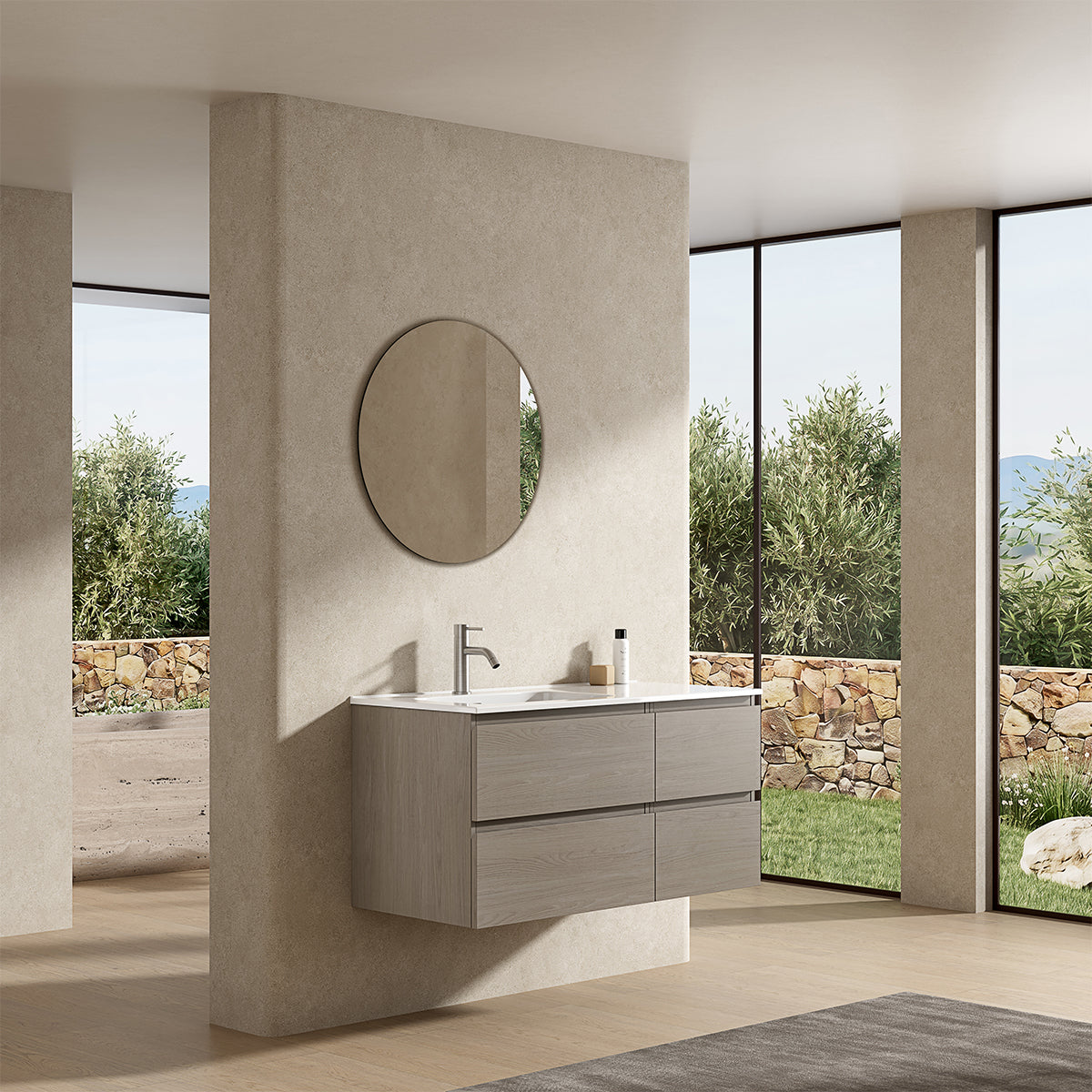 Mobile bagno sospeso 100 cm Beige Lavabo a Sinistra in Ceramica Specchio Tondo - Fiji Wood