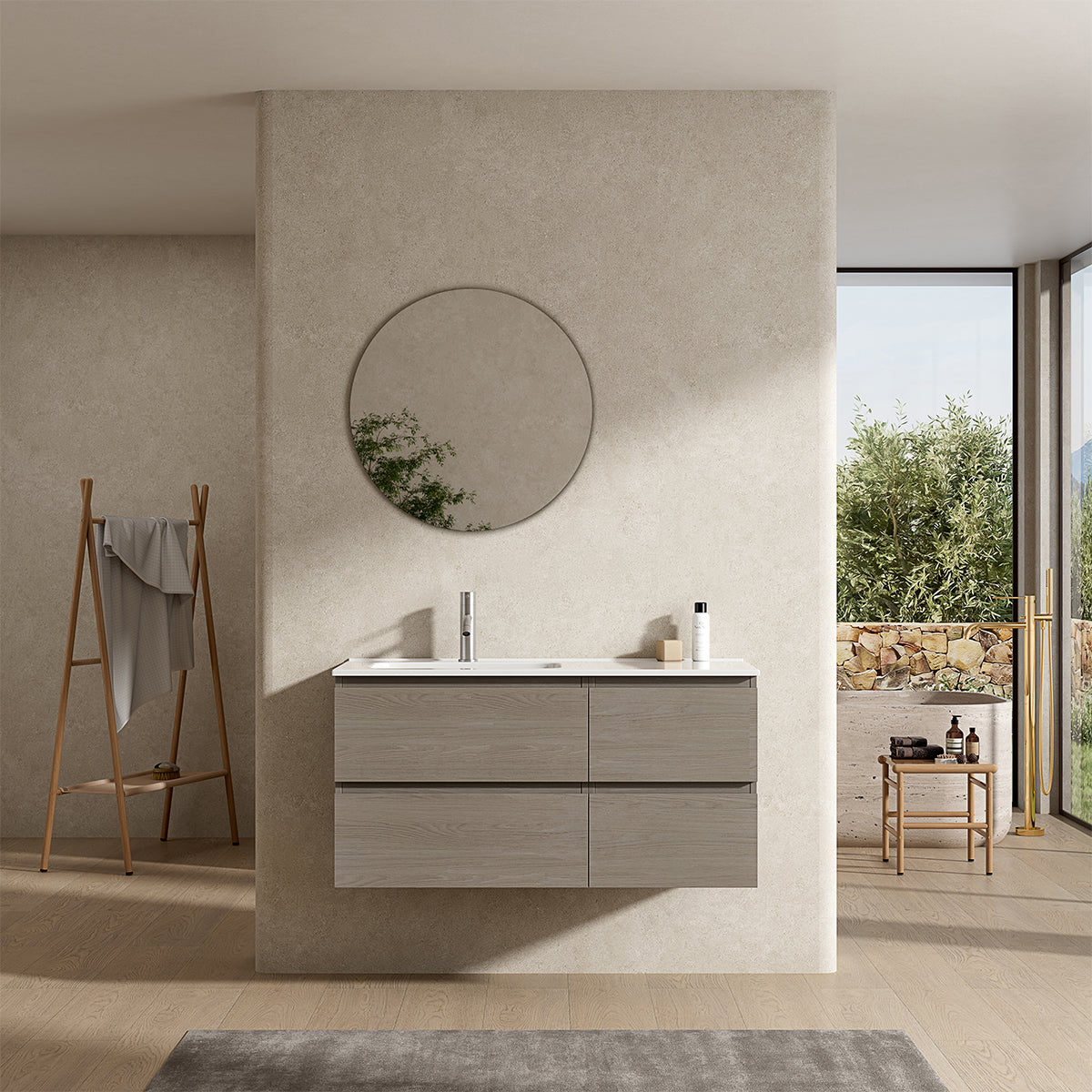 Mobile bagno sospeso 100 cm Beige Lavabo a Sinistra in Ceramica Specchio Tondo - Fiji Wood