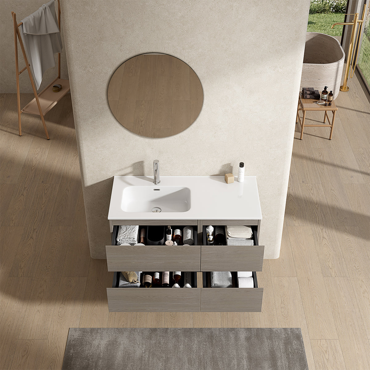 Mobile bagno sospeso 100 cm Beige Lavabo a Sinistra in Ceramica Specchio Tondo - Fiji Wood
