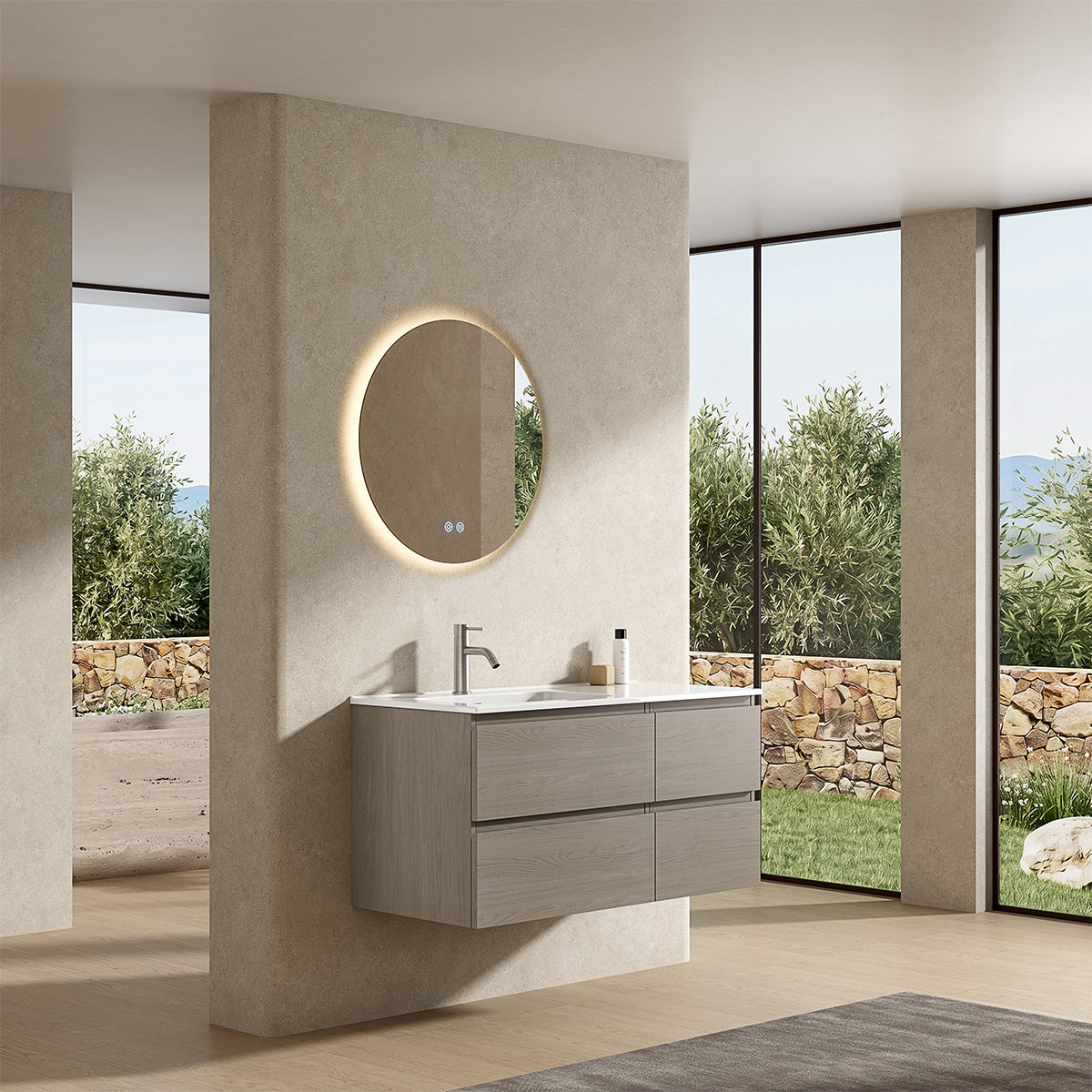 Mobile bagno sospeso 100 cm Beige Lavabo a Sinistra in Ceramica Specchio Tondo Retroilluminato - Fiji Wood