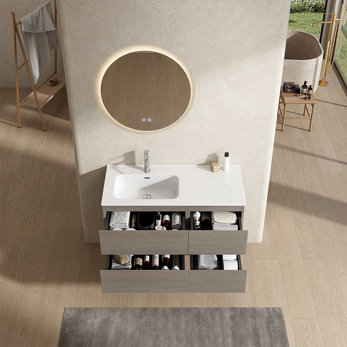Mobile bagno sospeso 100 cm Beige Lavabo a Sinistra in Ceramica Specchio Tondo Retroilluminato - Fiji Wood