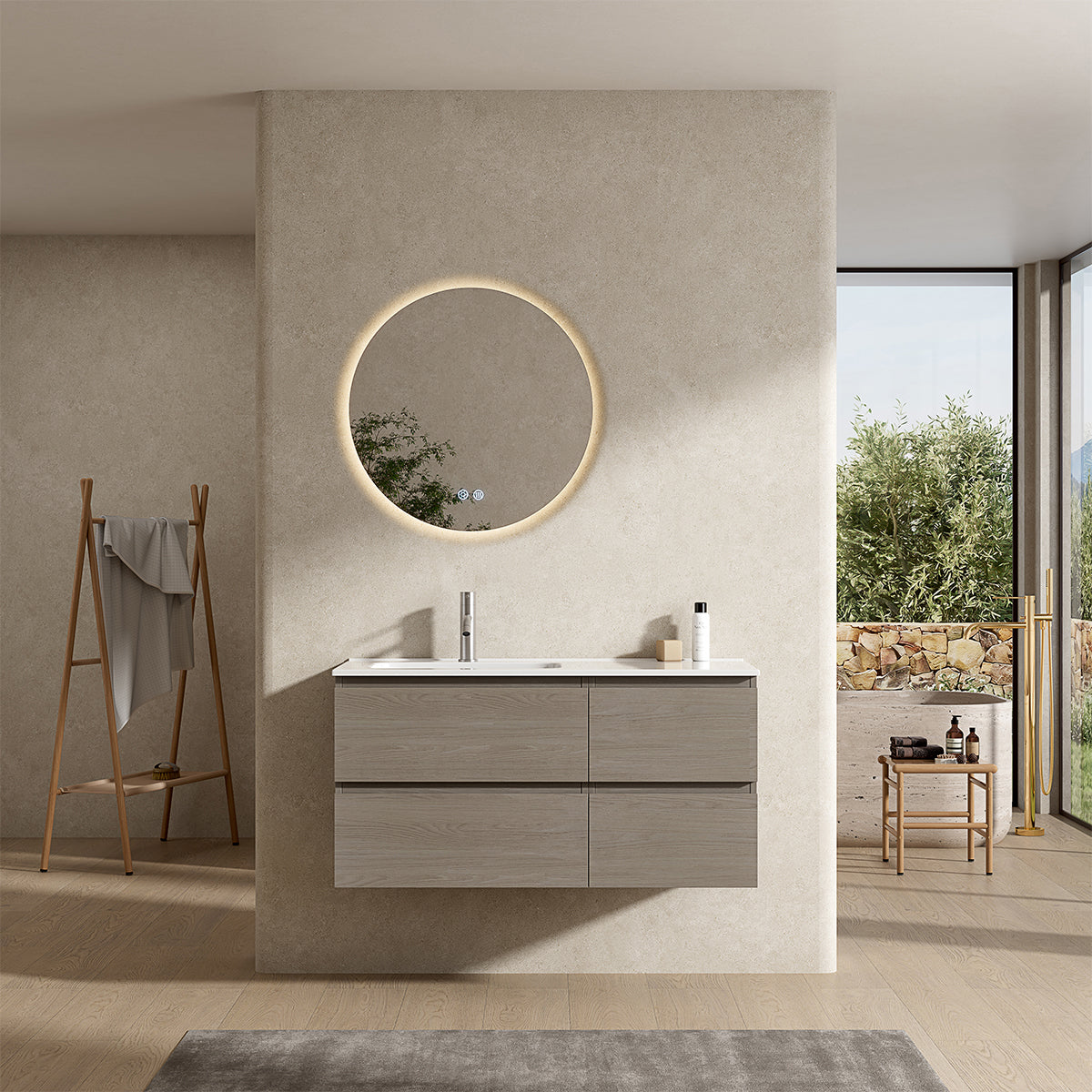 Mobile bagno sospeso 100 cm Beige Lavabo a Sinistra in Ceramica Specchio Tondo Retroilluminato - Fiji Wood