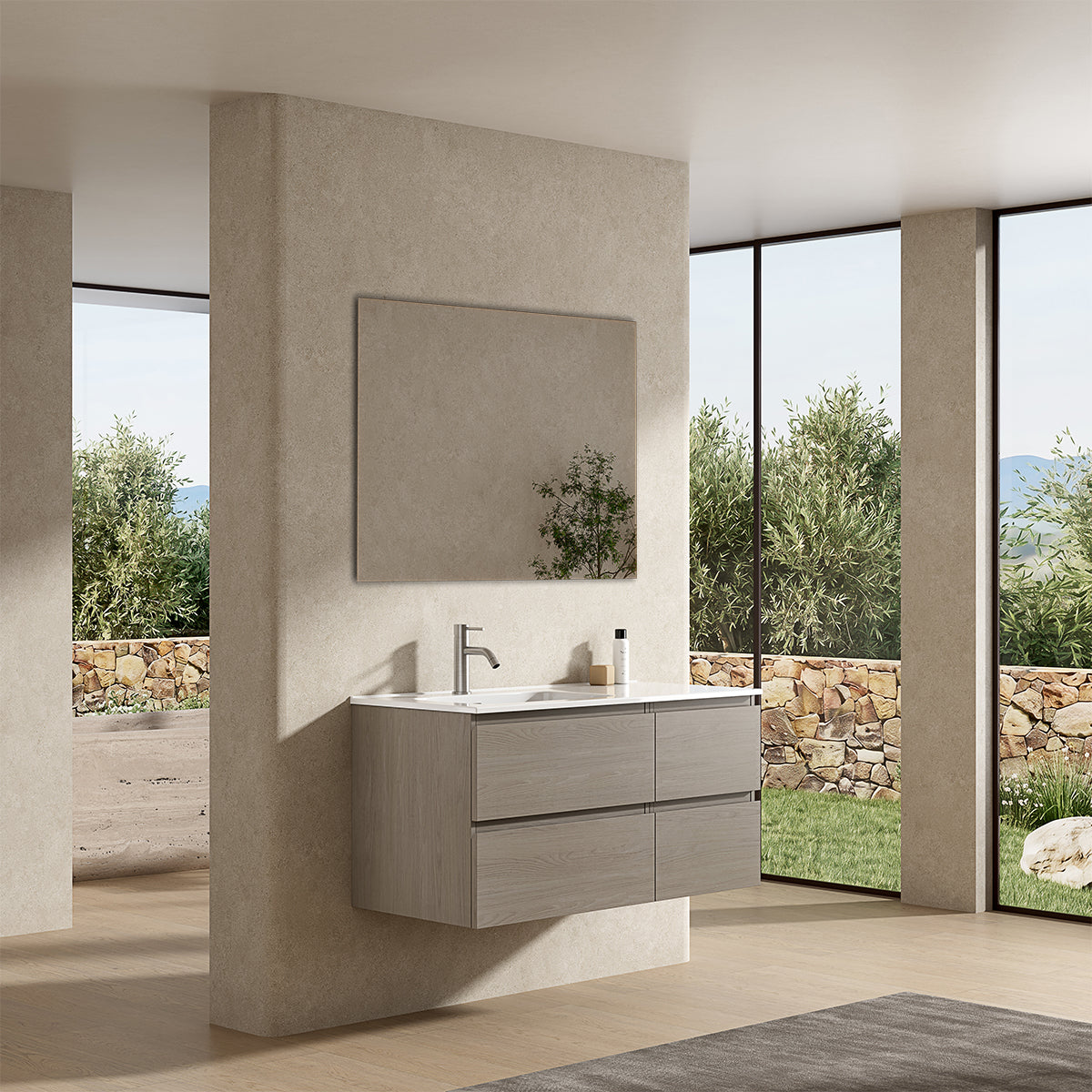 Mobile bagno sospeso 100 cm Beige Lavabo a Sinistra in Ceramica Specchio Quadro - Fiji Wood