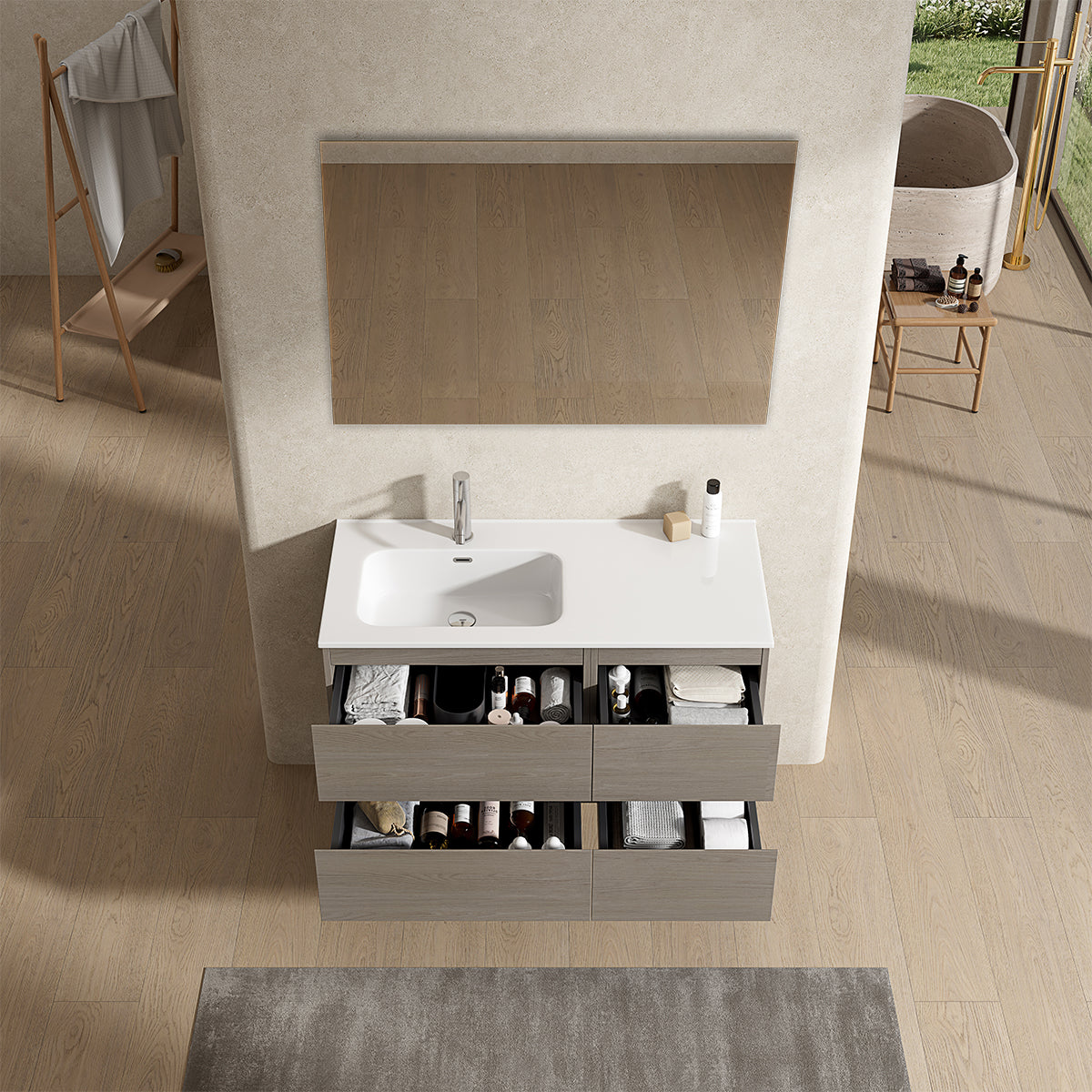 Mobile bagno sospeso 100 cm Beige Lavabo a Sinistra in Ceramica Specchio Quadro - Fiji Wood