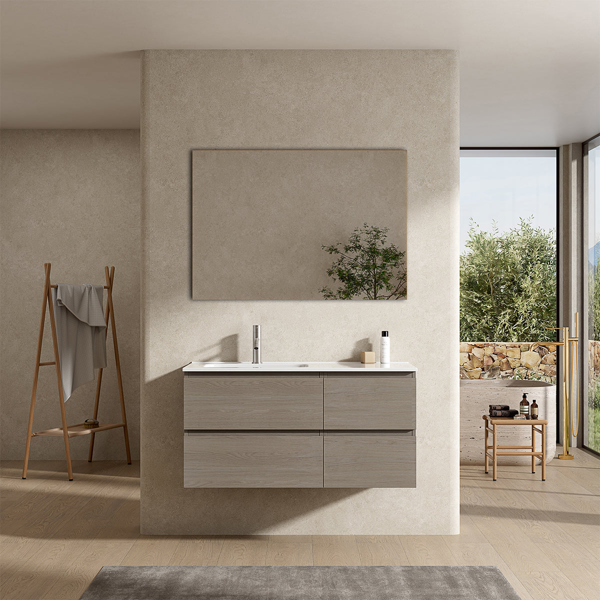 Mobile bagno sospeso 100 cm Beige Lavabo a Sinistra in Ceramica Specchio Quadro - Fiji Wood