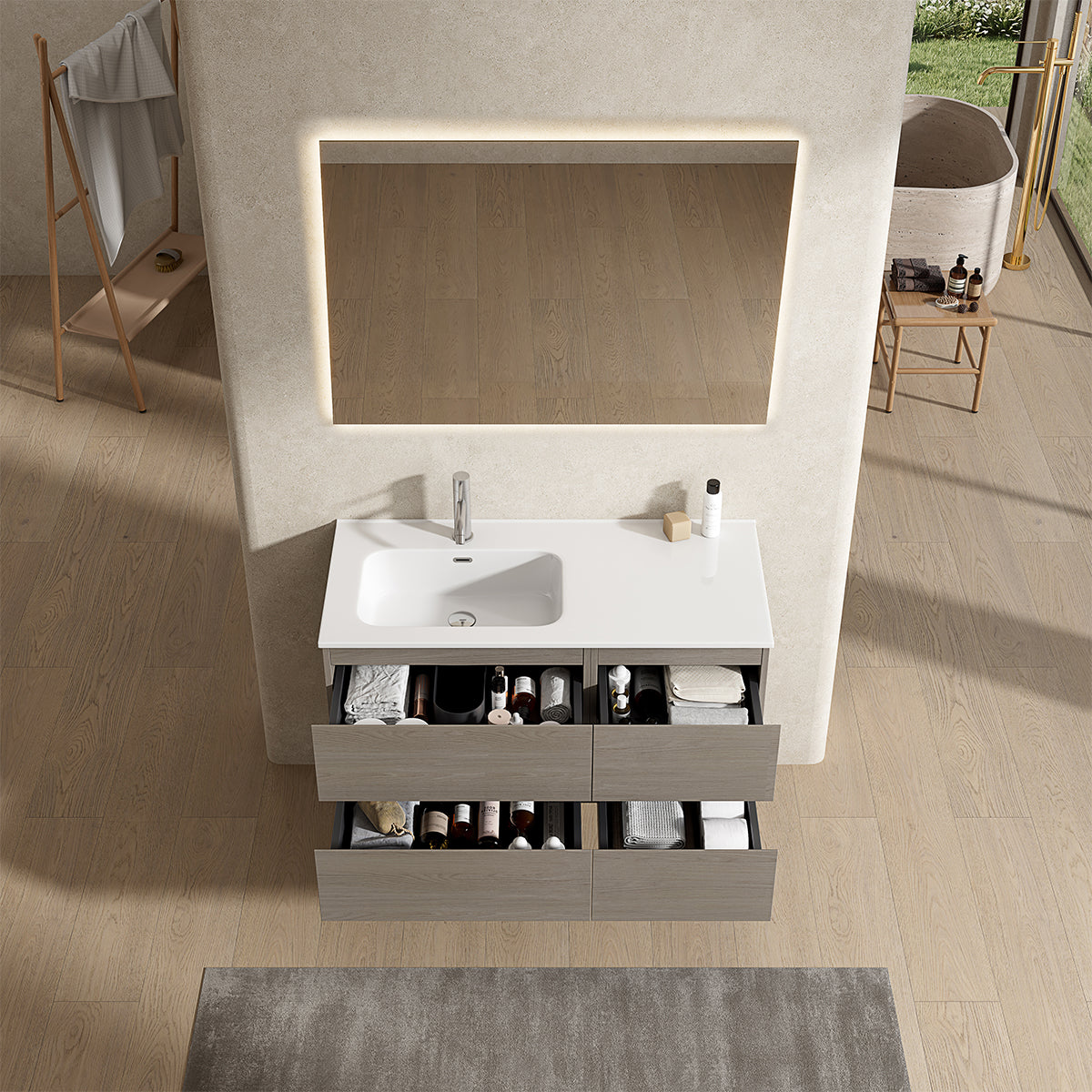Mobile bagno sospeso 100 cm Beige Lavabo a Sinistra in Ceramica Specchio Quadro Retroilluminato - Fiji Wood