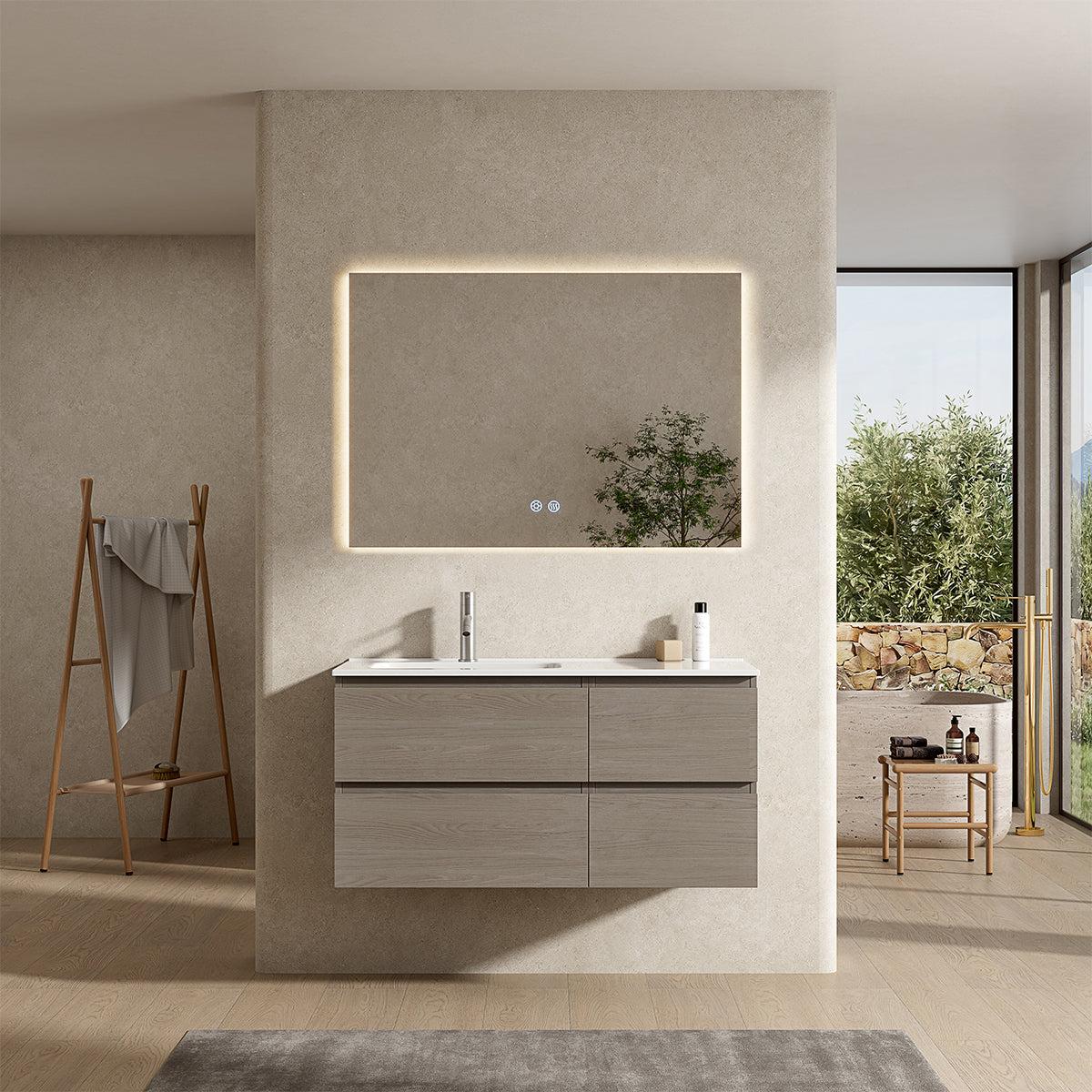 Mobile bagno sospeso 100 cm Beige Lavabo a Sinistra in Ceramica Specchio Quadro Retroilluminato - Fiji Wood