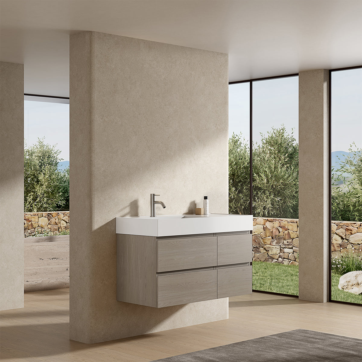 Mobile bagno sospeso 100 cm Beige Lavabo a Sinistra in Resina Senza Specchio - Fiji Wood