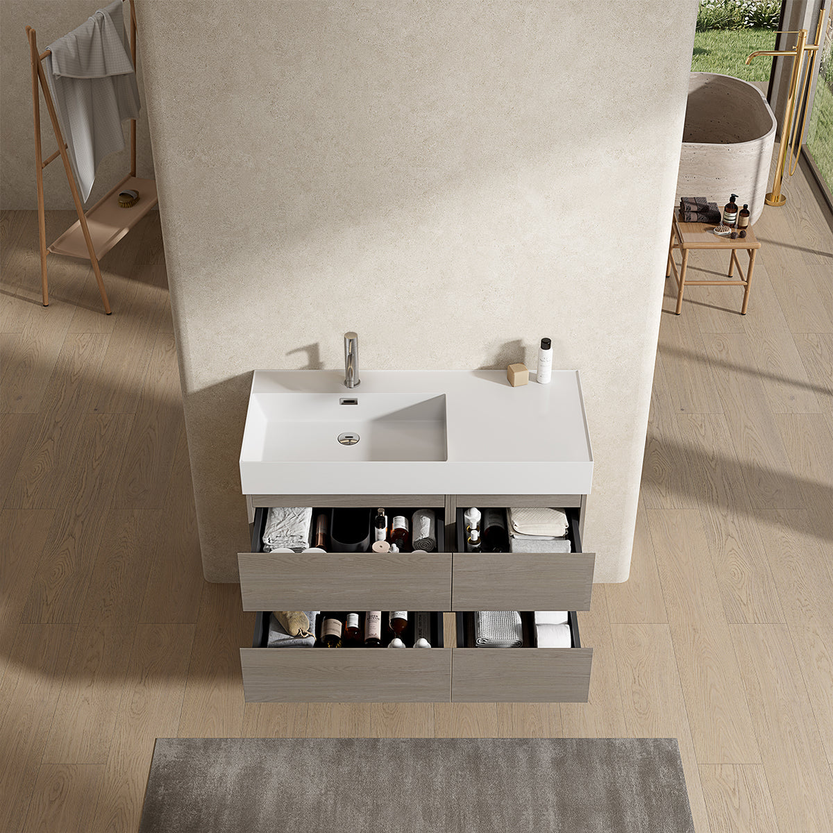 Mobile bagno sospeso 100 cm Beige Lavabo a Sinistra in Resina Senza Specchio - Fiji Wood