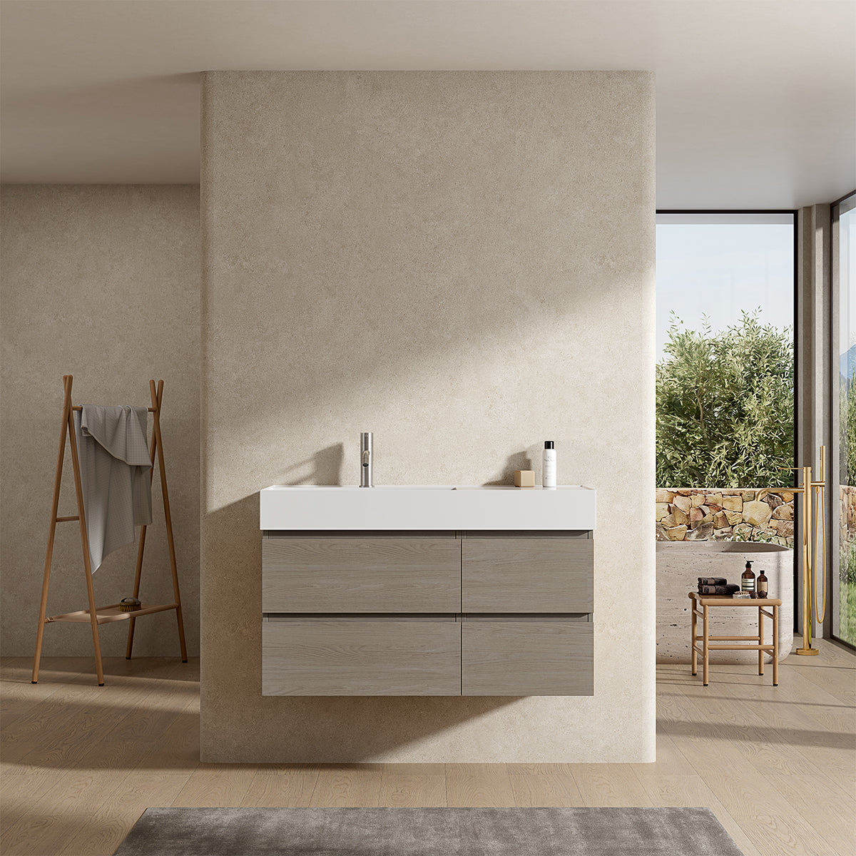 Mobile bagno sospeso 100 cm Beige Lavabo a Sinistra in Resina Senza Specchio - Fiji Wood
