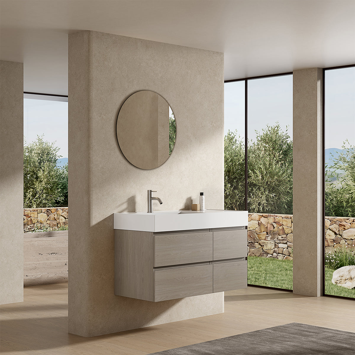 Mobile bagno sospeso 100 cm Beige Lavabo a Sinistra in Resina Specchio Tondo - Fiji Wood