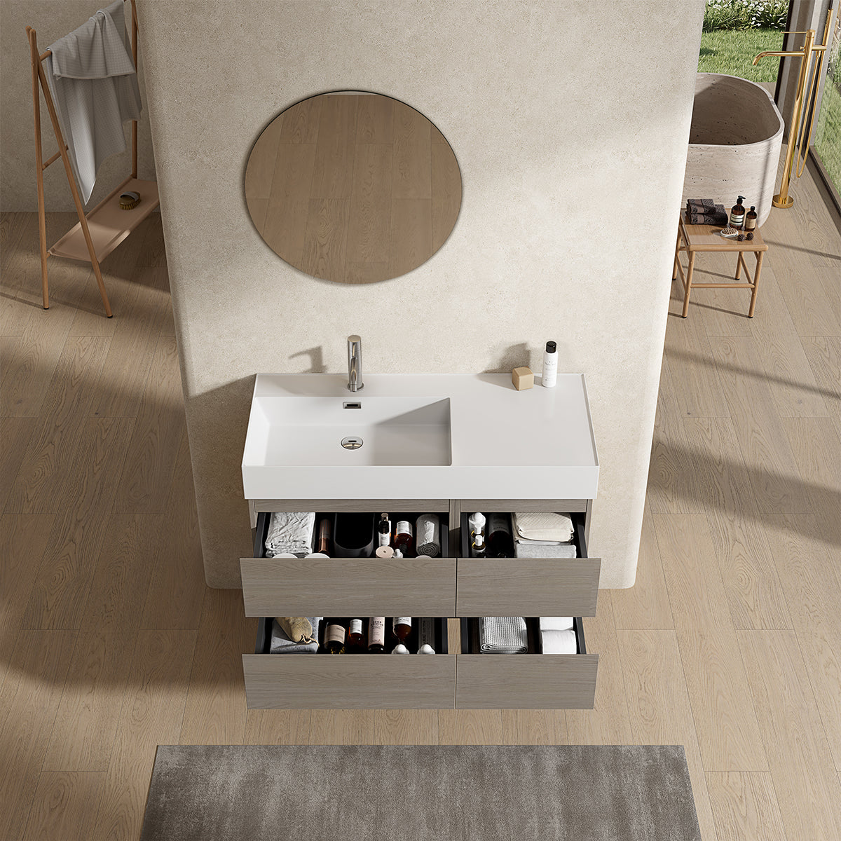 Mobile bagno sospeso 100 cm Beige Lavabo a Sinistra in Resina Specchio Tondo - Fiji Wood
