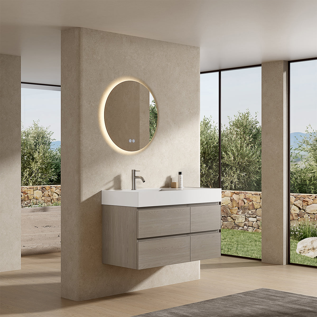 Mobile bagno sospeso 100 cm Beige Lavabo a Sinistra in Resina Specchio Tondo Retroilluminato - Fiji Wood