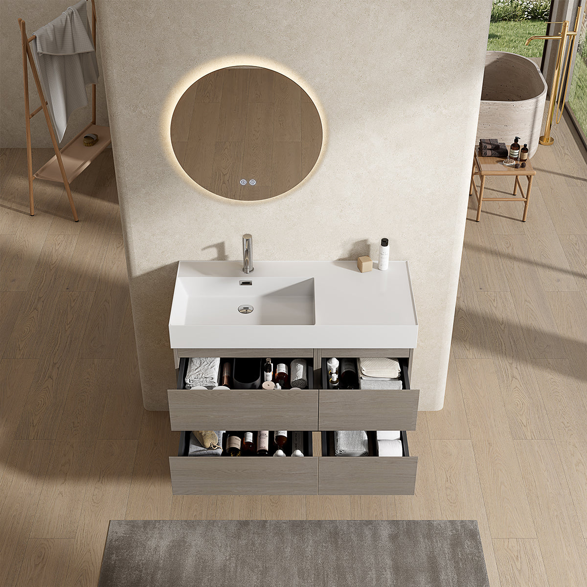 Mobile bagno sospeso 100 cm Beige Lavabo a Sinistra in Resina Specchio Tondo Retroilluminato - Fiji Wood